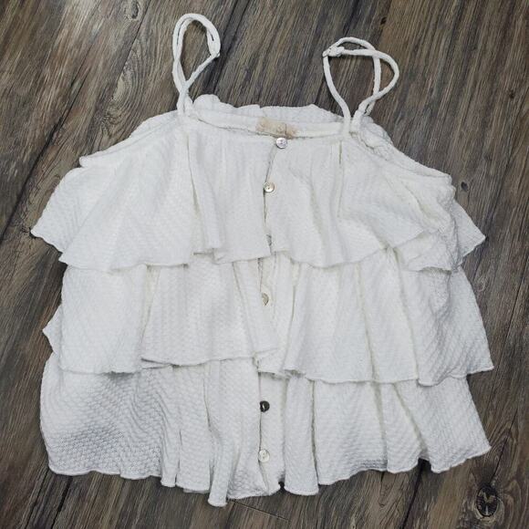 Artemis White Gauze Ruffle Crop Top Size Small Adjustable Straps Button Front - Picture 2 of 8